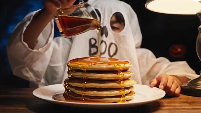 Child ghost costume pours syrup over pancakes on a plate, with a lit pumpkin and lamp in background - Powered by Adobe