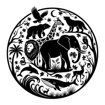 Wildlife Silhouette Art Vector, Animal Nature Illustration, Black and White Animal Design, Safari and Forest Animals Graphic