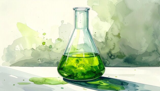 Vibrant emerald liquid contained within an Erlenmeyer flask, depicted in a captivating watercolor illustration, symbolizing scientific research and natural discovery - Powered by Adobe