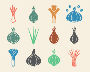Solid filled icon set featuring a variety of allium vegetables including onion garlic leek shallot chives and spring onions for diverse culinary and agricultural designs