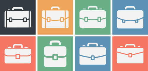 Collection of solid filled briefcase icons illustrating various sizes and styles including small medium large compact expandable and standard designs