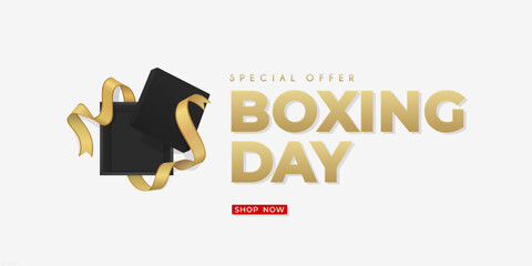 Black gift box with gold ribbon realistic, suitable for Boxing Day celebrated on December 26