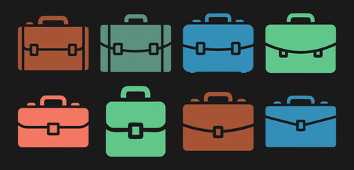 Collection of solid filled briefcase icons showcasing various sizes and styles including compact expandable and standard options on a black background