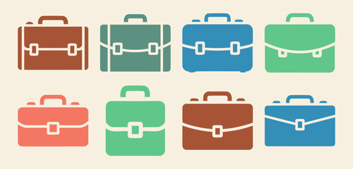 Versatile solid filled briefcase icon set showcasing various sizes and styles including compact expandable and standard options for business and travel