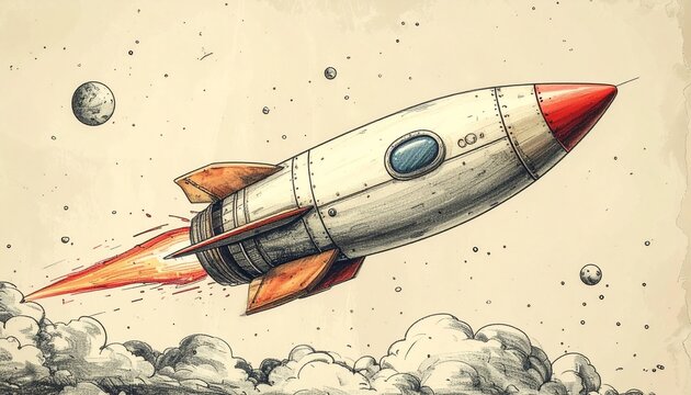 A dynamically rendered vintage-style rocket illustration, beautifully handcrafted to evoke the spirit of classic space adventures and ambitious cosmic journeys