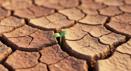 Fototapeta premium Hope springs eternal as seedling breaks through parched earth in drought struck landscape