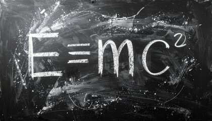 Classic E=mc² formula, intricately sketched with white chalk on a dark, textured blackboard, encapsulating the essence of theoretical physics and scientific discovery