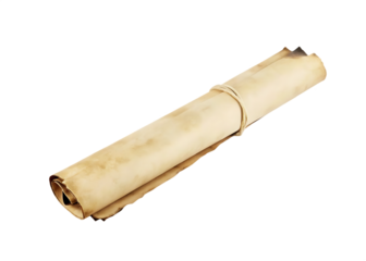 Old rolled parchment scroll tied with string isolated on white background