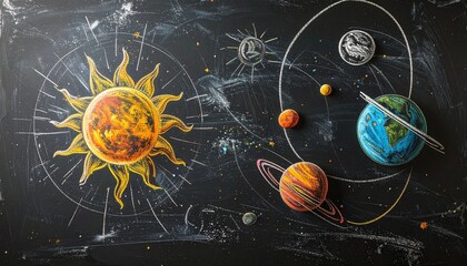 Vibrant chalk illustration of the solar system on a textured blackboard, depicting the sun, planets, and their orbits, ideal for educational and astronomical concepts