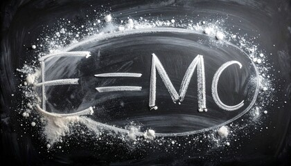 Exploring the iconic principle of energy and matter, scribed with vibrant chalk on a textured, dust-covered schoolboard, symbolizing universal physics