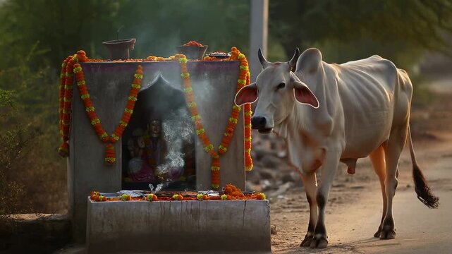 Cow Standing Beside Decorated Rural Shrine on Quiet Village Road 4K