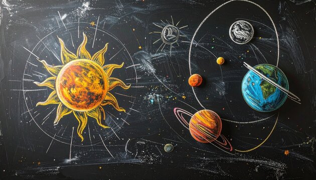 Vibrant chalk illustration of the solar system on a textured blackboard, depicting the sun, planets, and their orbits, ideal for educational and astronomical concepts