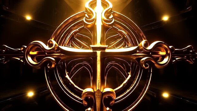 A dramatic, ornate golden cross or holy symbol glowing brightly in a dark, mysterious chamber, illuminated by powerful shafts of golden light