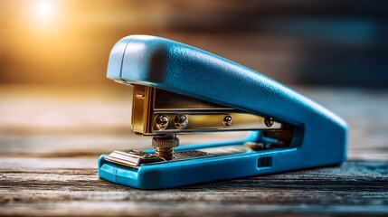 Blue office stapler resting on a rustic wooden table with warm backlighting.
