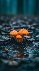 Vibrant trio of toadstools nestled within a mystical forest setting