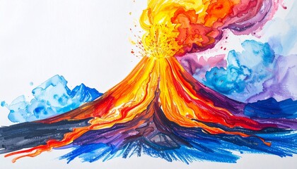 Vibrant watercolor illustration capturing a dramatic volcano eruption, showcasing a spectacular burst of fiery lava and colorful smoke plumes in an expressive artistic style