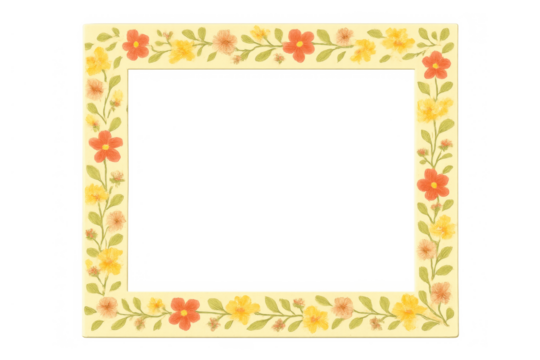 Floral border frame with watercolor yellow and orange flowers on a light background, transparent png element