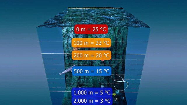 Temperature range in different layers of ocean