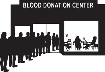 Silhouette of people lining up at a blood donation center for vital medical help