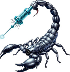 Illustration of a scorpion with a syringe for a stinger concept for medicine science and venom isolated on white