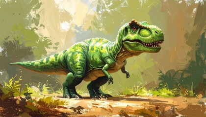 Adorable Green Baby Dinosaur Rests Peacefully in a Lush Forest, Illustrated with Soft, Textured Brushstrokes, Evoking a Dreamy Prehistoric Scene