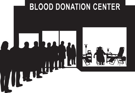 Silhouette of people lining up at a blood donation center for vital medical help