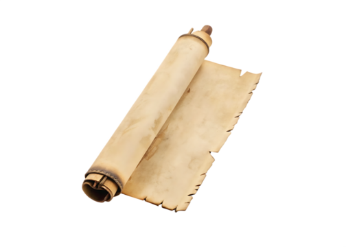 Old rolled parchment scroll with torn edges isolated on white background