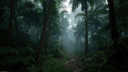 Lush Tropical Rainforest with Dense Foliage and Misty Atmosphere Creating a Serene and Mysterious Environment Ideal for Nature Lovers and Adventurers
