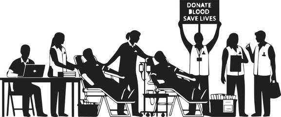 Blood drive silhouette people donating blood and assisting medical staff helping humanity