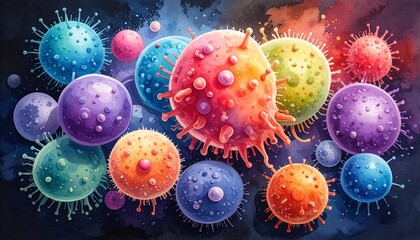 Vivid illustration of diverse microscopic life, depicting bacteria and viruses with textured, colorful forms against an abstract dark background, evoking a vibrant scientific world