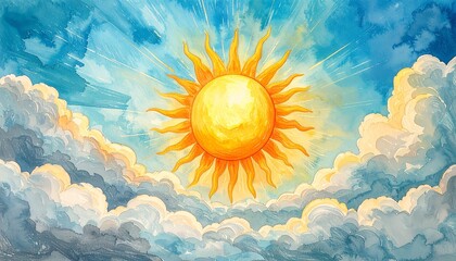 Vibrant and stylized sunburst illuminating a celestial canvas of fluffy, painterly clouds in a brilliant blue sky, symbolizing hope and brightness and new beginnings