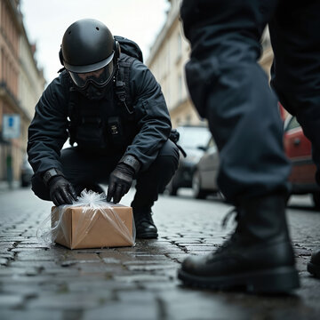Bomb squad officer carefully inspects suspicious package on wet cobblestone urban street. Another officer stands nearby. Expert kneels, wearing protective helmet, full face mask, tactical uniform,