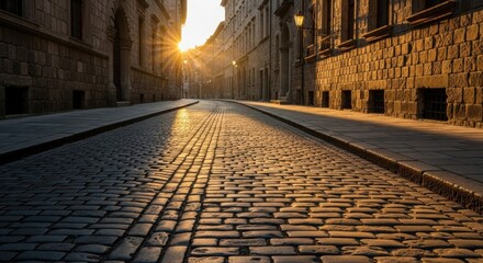 Stunning sunburst illuminating cobblestone street in historic European town at golden hour, travel destination