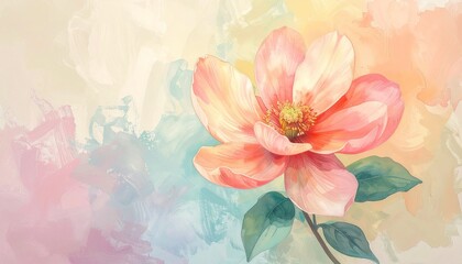 Softly painted pink bloom with delicate petals amidst a dreamy watercolor mist, evoking a serene pastel sky at dawn, a graceful botanical artwork