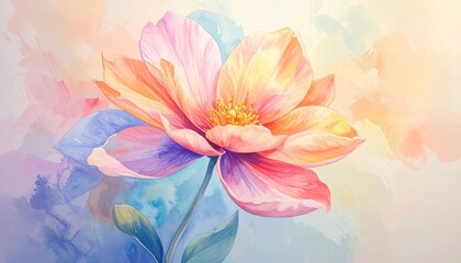 Ethereal pastel watercolor illustration of a blooming flower, showcasing a delicate interplay of soft, vibrant hues, evoking tranquility and artistic beauty