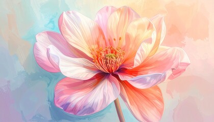 Vibrant pastel flower illustration, soft peach and pink petals with delicate painterly texture. A beautiful botanical artwork evoking natural serenity and elegance