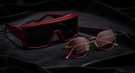 Chic red futuristic and classic sunglasses displayed on luxurious black velvet