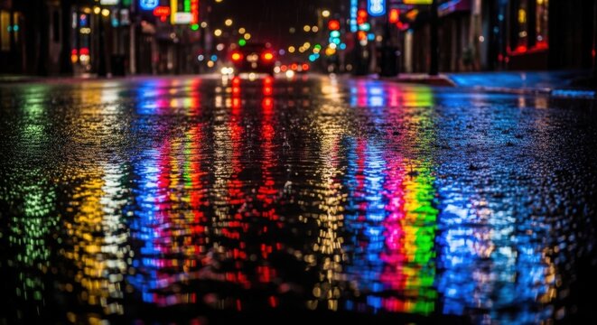 Vibrant city lights reflecting on wet pavement create a stunning urban night scene with colorful bokeh - Powered by Adobe