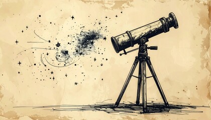 Vintage telescope ink drawing observing stars and cosmic dust, symbolizing astronomical discovery and the infinite wonders of the universe