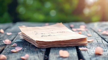 A stack of aged, handwritten letters lies on a rustic wooden table, scattered with delicate pink rose petals. The background is a soft blur of lush green foliag