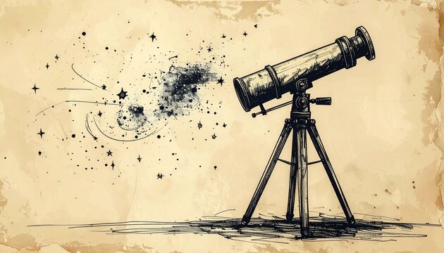 Vintage telescope ink drawing observing stars and cosmic dust, symbolizing astronomical discovery and the infinite wonders of the universe