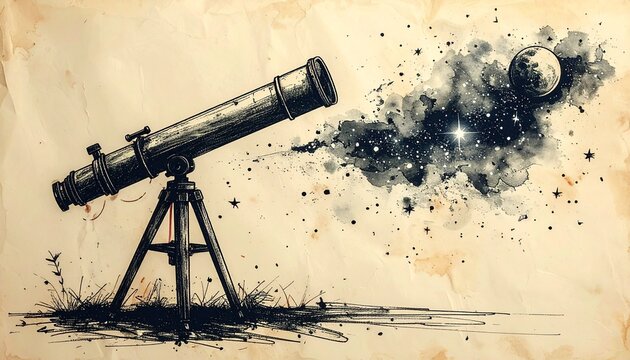 Journey to the Stars A vintage telescope illustration depicting a cosmic nebula and distant planets, symbolizing scientific discovery, exploration, and human wonder