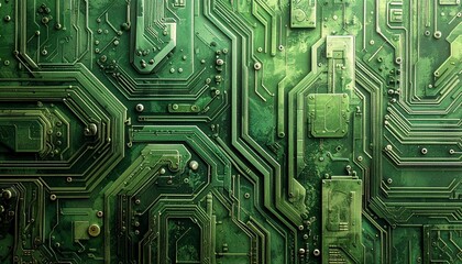 Abstract digital background featuring a detailed green electronic circuit board, symbolizing innovation, connectivity, and technological advancement