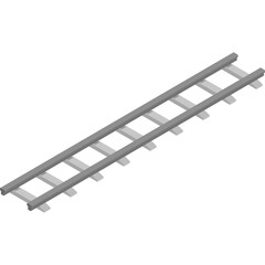 Isometric gray railway track section with wooden sleepers and ballast on a clean white background representing transportation and infrastructure in a stylized 3D format