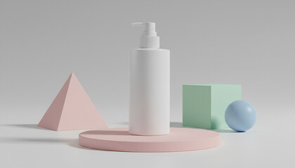 White pump bottle on a pink podium, surrounded by pastel geometric shapes, creating a clean, modern, and minimalist display for cosmetic or skincare product presentations