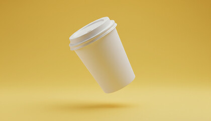 Clean white paper coffee cup with a secure lid, dynamically suspended in mid-air against a bright, solid yellow background, ideal for beverage branding mockups and minimalist design concepts