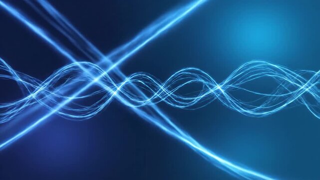 Blue light curves weave and undulate across a gradient dark background