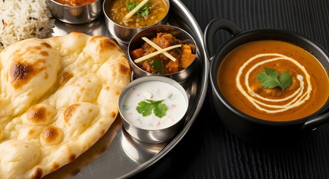 Delicious indian thali meal with naan and curries