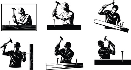 Construction worker silhouette, hammering nails into wood, manual labor posture, safety helmet, industrial craftsmanship, black graphic, carpentry work, building task, flat vector