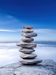 A stack of flat, grey stones is carefully balanced on a rocky outcrop. The background features a vast expanse of white clouds below and a clear, vibrant blue sk